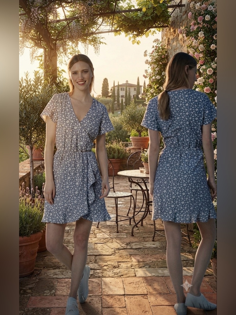 J Crew Mercantile S Dress Denim Blue White Hibiscus Floral Faux Wrap Ruffle Trim